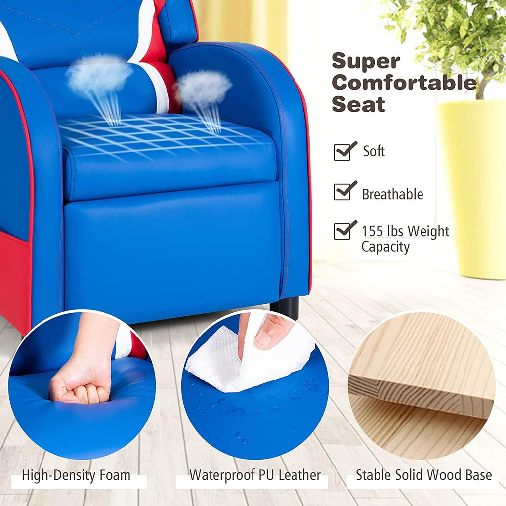 Moccha Kids Recliner Chair with Side Pockets for Boys and Girls Room, Adjustable Kids Couch Chair w/Footrest, Ergonomic Toddler Furniture Sofa (Blue)