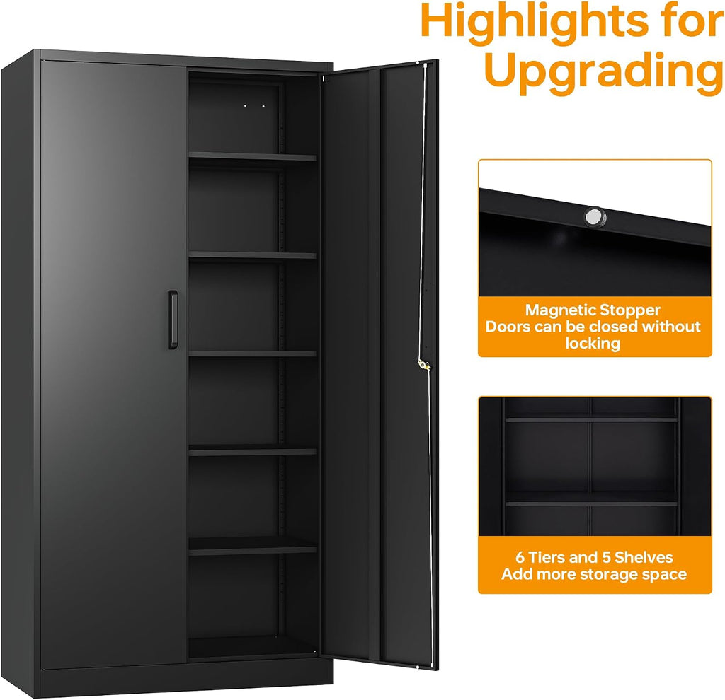 STANI Metal Garage Storage Cabinet with Lock, 71' Steel Lockable File Cabinet, Locking Steel Storage Cabinet with 5 Adjustable Shelves for Home, Office, Warehouse, Garage, School (Black)