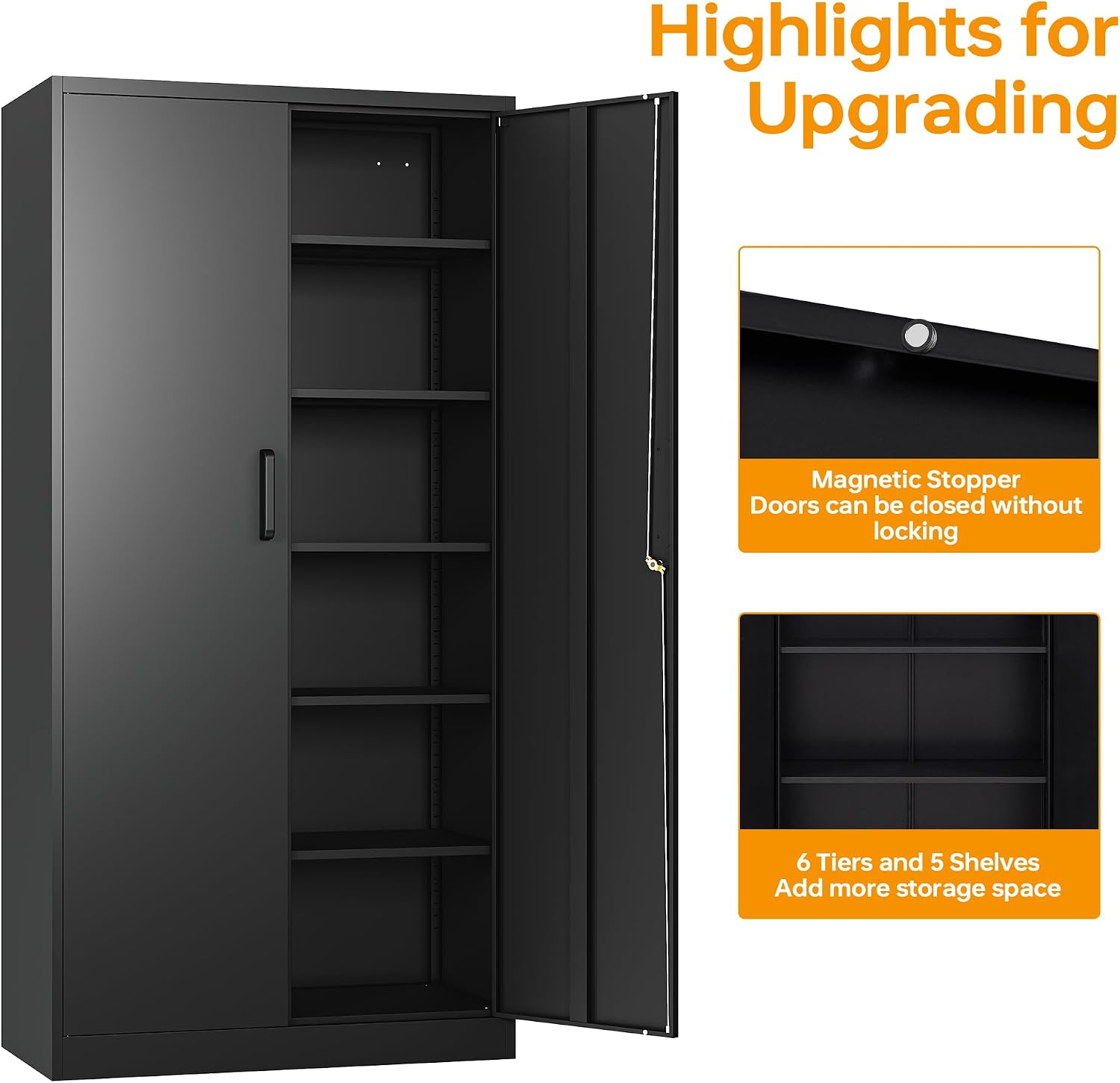 STANI Metal Garage Storage Cabinet with Lock, 71' Steel Lockable File Cabinet, Locking Steel Storage Cabinet with 5 Adjustable Shelves for Home, Office, Warehouse, Garage, School (Black)