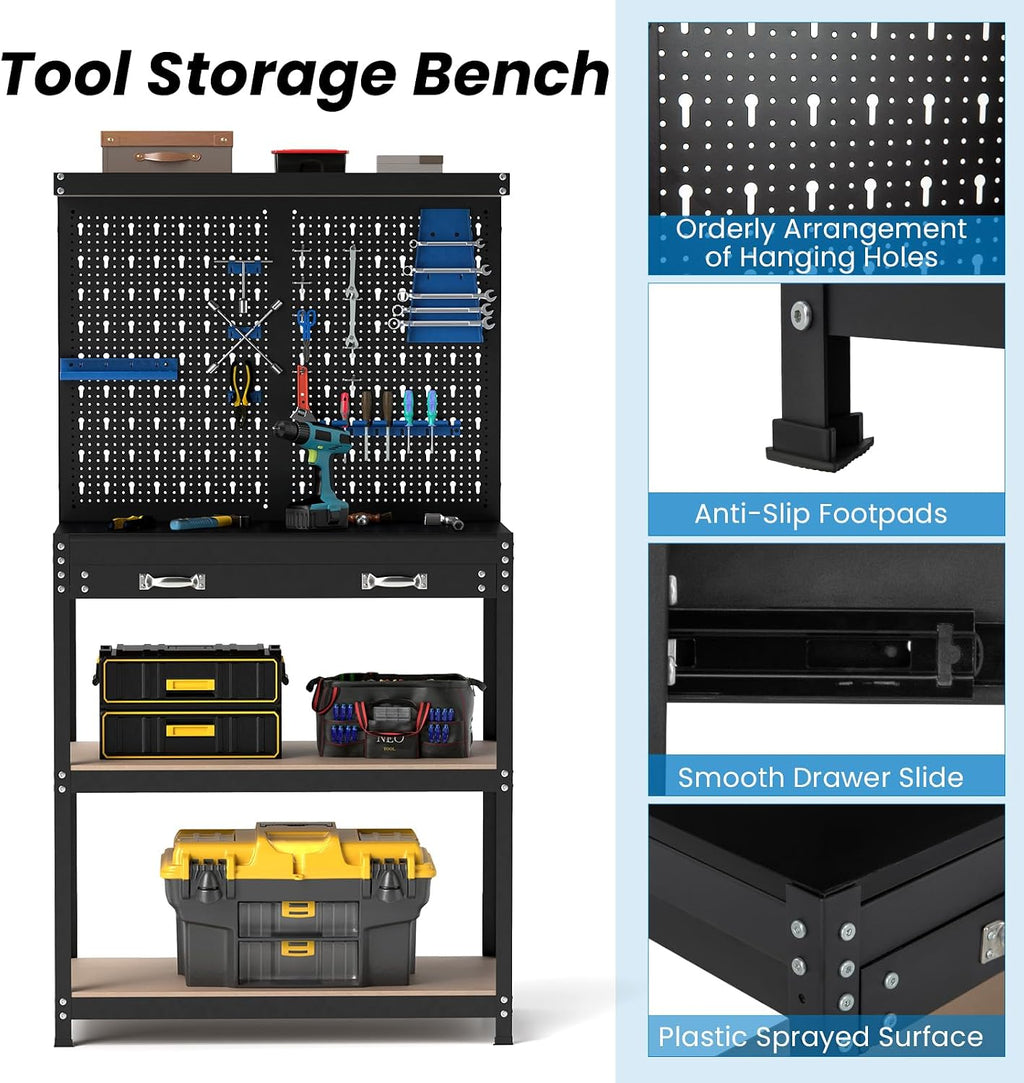 Goplus Workbench, Work Table with Drawer, Pegboard, Hanging Accessories, Topping Space, 4-Tier Heavy Duty Metal Tool Storage Bench, Work Benches for Garage, Workshop (Blue, 32' x 16' with Drawer)