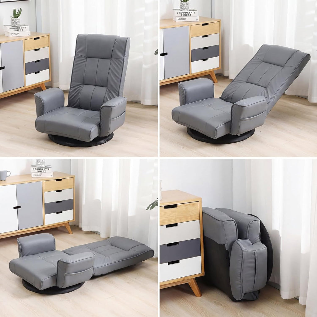 360° Swivel Floor Chair with Armrests, 14-Position Adjustable Floor Lounger for Adults, Folding Padded Floor Seat with Backrest for Gaming, Reading & Living Room (Grey)