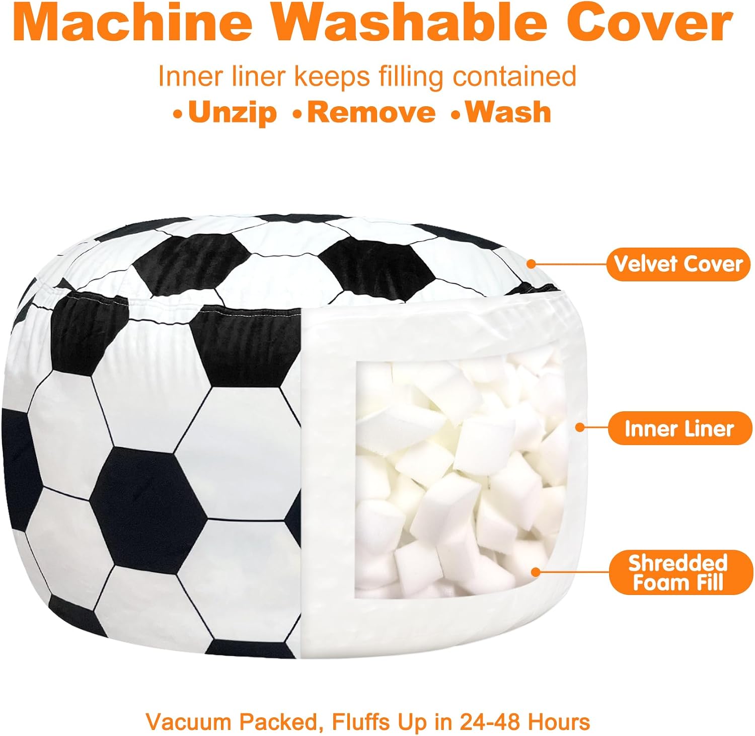 Lukeight Soccer Bean Bag Chair for Teens and Adults, Memory Foam Filled Floor Lounger, Washable Velvet Cover with Inner Liner, Beanbag Chair with Filling for Gaming and Reading, XX-Large 36'D x 20'H