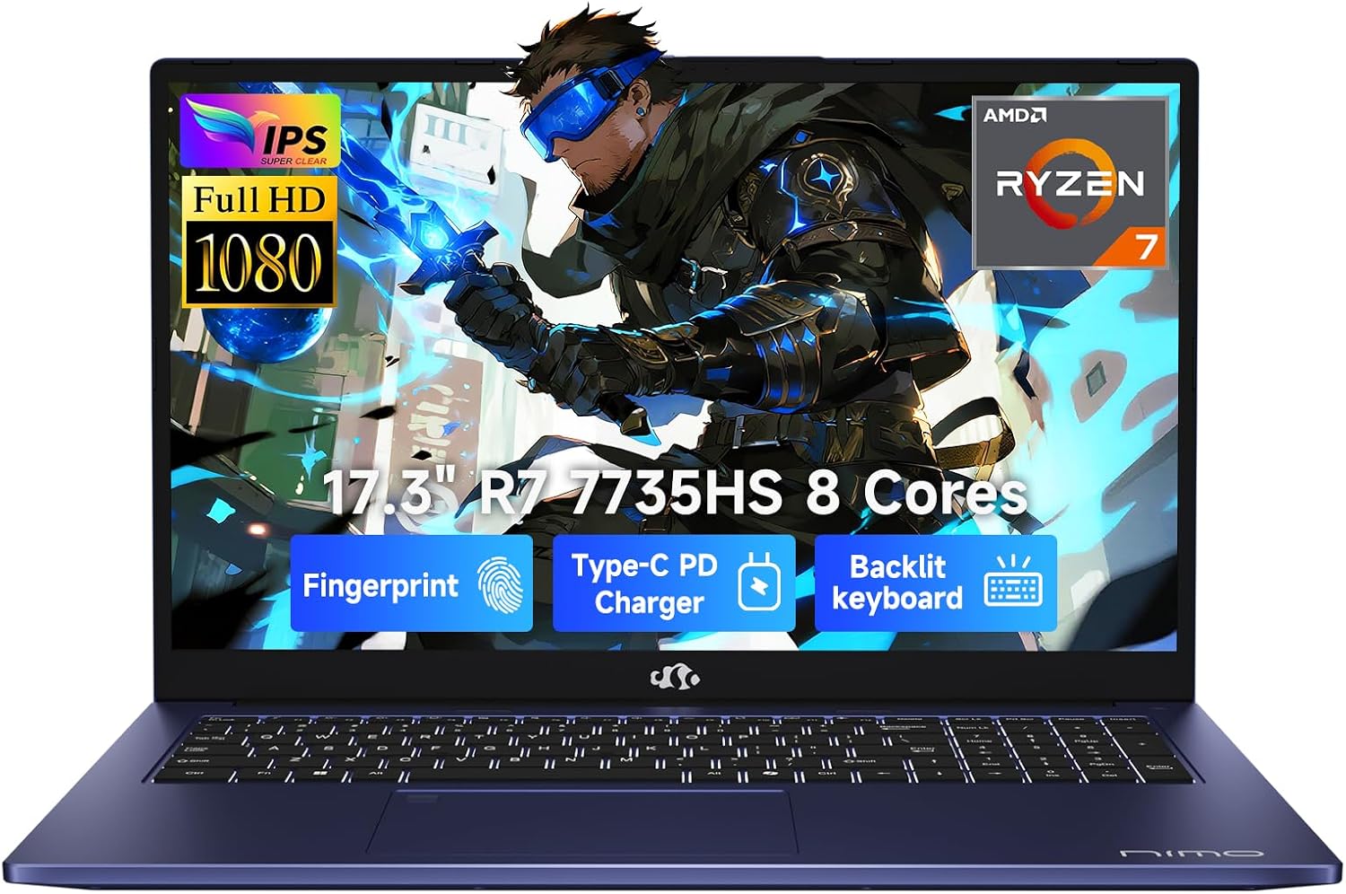 NIMO Gaming Laptop, 17.3' FHD Display, AMD Ryzen 7 7735HS (8C/16T, Up to 4.75GHz) Computer, 32GB DDR5 1TB NVMe SSD, Radeon 680M Graphics, Backlit Keyboard, Fingerprint Unlock, PD 100W Type-C