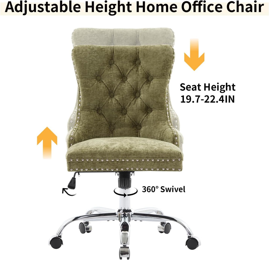 Home Office Chair with Wheels & Silver Base, Cute Chenille Fabric Makeup Vanity Chair with Tufted Back for Bedroom, Upholstered Adjustable Swivel Comfy Desk Chair for Girls Women, Green