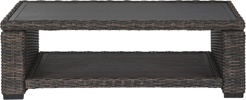 Signature Design by Ashley Grasson Lane Outdoor Wicker Cocktail Table with Aluminum Frame, Brown