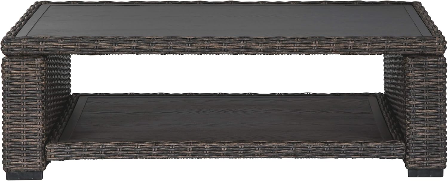 Signature Design by Ashley Grasson Lane Outdoor Wicker Cocktail Table with Aluminum Frame, Brown