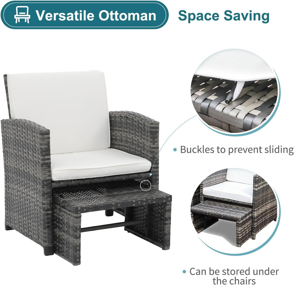 OC Orange-Casual 6 Piece Patio Furniture Conversation Set with Ottoman, Outdoor Grey Wicker Chair and Table Set, Balcony Furniture for Apartments, White