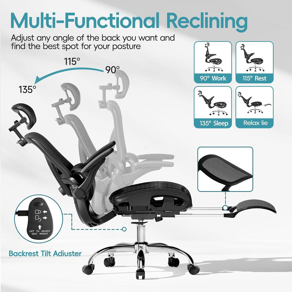 Alllion Ergonomic Mesh Office Chair, Home Desk Chair Comfy High Back with Adjustable Lumbar Support, 3D Headrest, Flip-up Arms, Big and Tall Reclining Computer Gaming Chairs for Men Women, Black