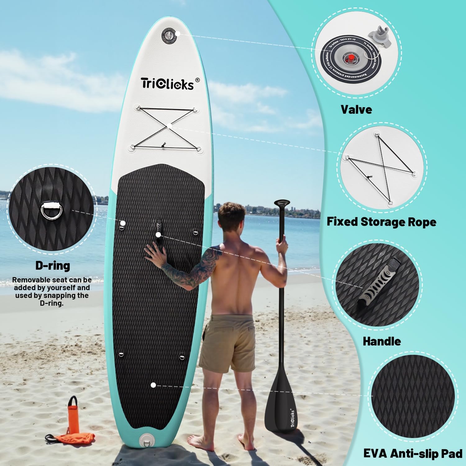 Triclicks Inflatable Stand Up Paddle Board 10ft Surfing Board Kit for Adults, Premium SUP Complete Kit with Adjustable Paddle Hand Pump Fin Leash Backpack