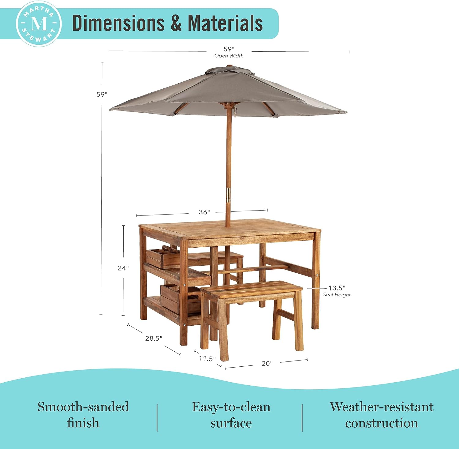 Martha Stewart Kids Outdoor Craft Table, Benches & Umbrella Set: Acacia Wood Activity Desk w/Crate, Caddy, Storage Shelves | Kids Play & Picnic Table w/Benches & Umbrella for Backyard, Patio, Garden