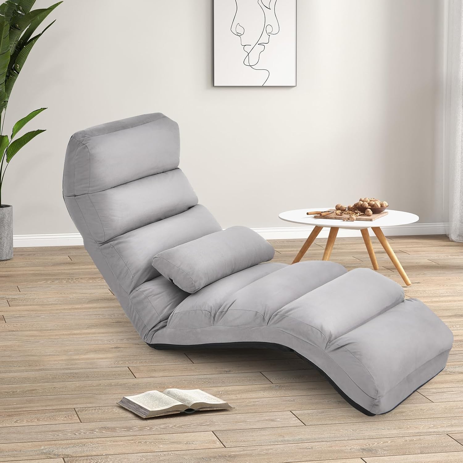 Moccha Floor Chairs for Adults, Adjustable 5-Position Floor Lounger w/Thick Padded & Pillow, No Assembly Folding Lazy Sofa Chair for Gaming, Light Weight Chaise Lounge (Without Armrest, Grey)
