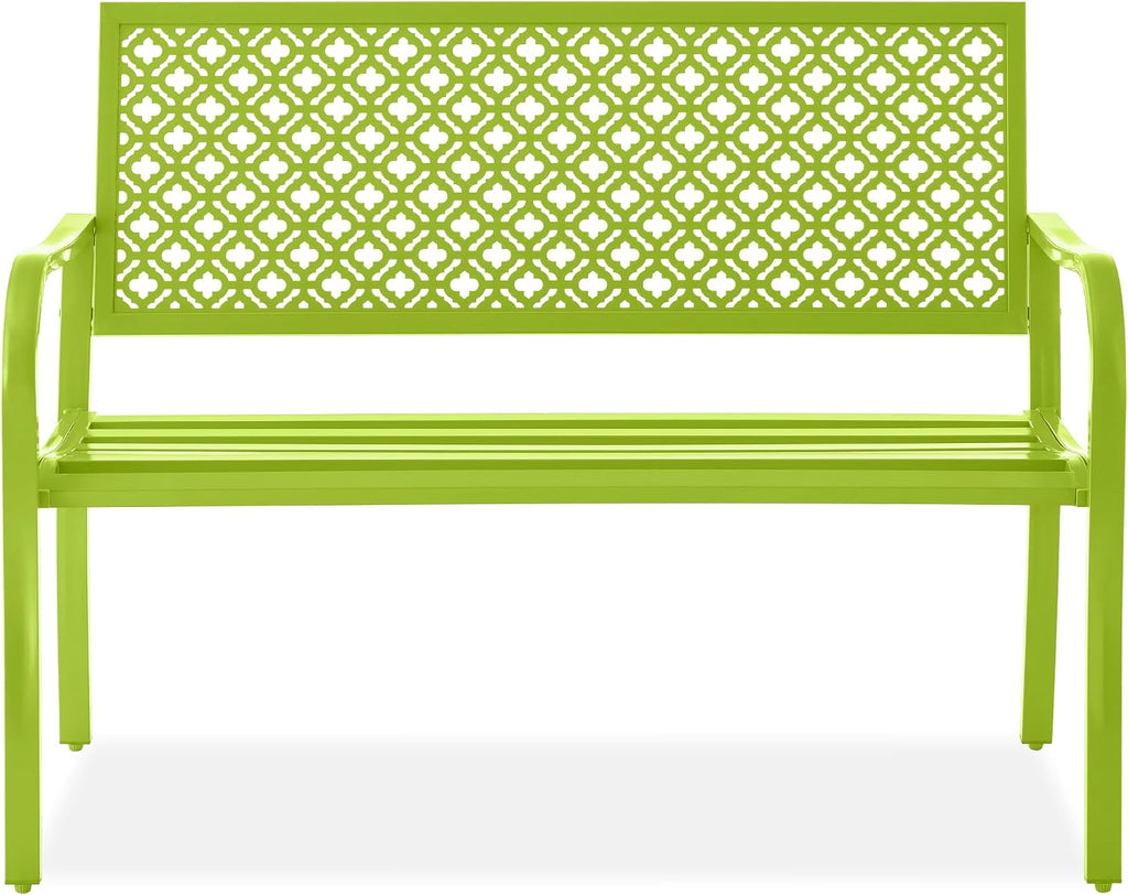 Best Choice Products Outdoor Bench 2-Person Metal Steel Benches Furniture for Garden, Patio, Porch, Entryway w/Geometric Backrest, 790lb Capacity - Lime Green
