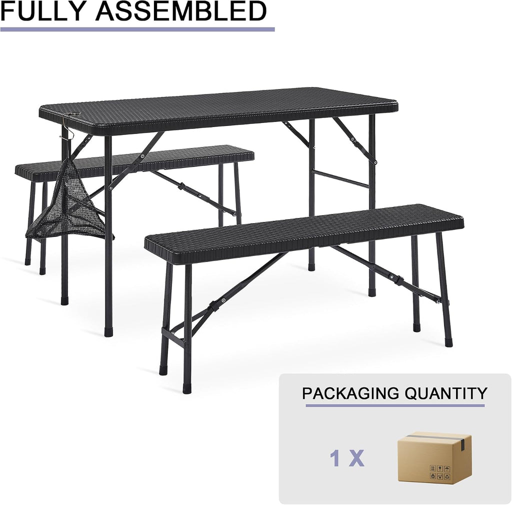 VECELO 3 Piece Folding Picnic Table with 2 Benches, 47.2' Faux Rattan Patio Set with Mesh Bag, Heat-Resistant & Waterproof, for Indoor Outdoor Use, Black