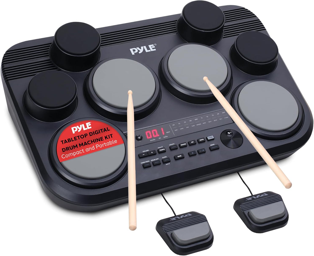 Pyle Electronic Tabletop Drum Pad Set - Compact Portable Drum Kit w/ 8 Touch Sensitive Drum Pads and Pedals, 600 Sounds, USB & Headphone Outputs, MIDI/AUX Inputs - 80 Preloaded Kits (Black)