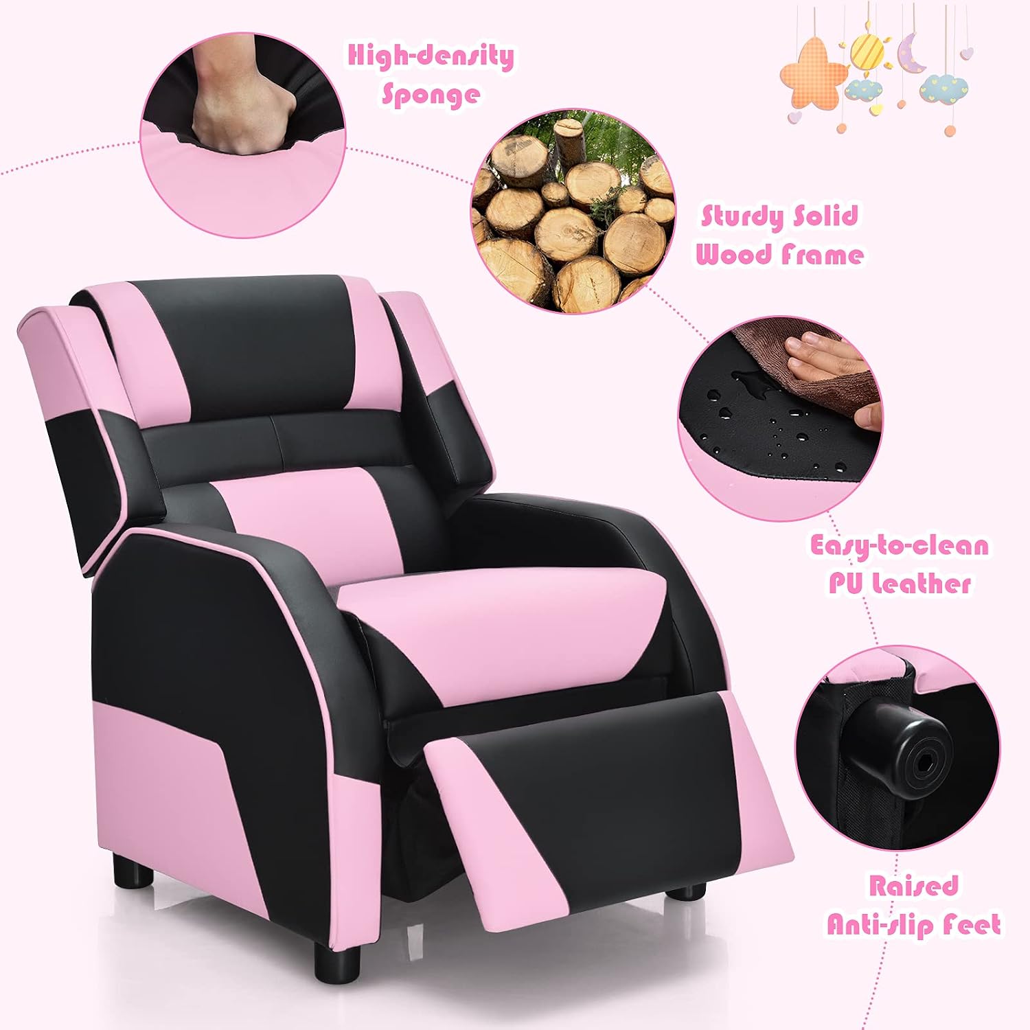 HONEY JOY Kids Recliner, Youth Game Reclining Chair w/Headrest & Back Pillow, Upholstered Leather Lounge Chair for Boys Girls, Manual Adjustable Toddler Single Sofa Chair for Living Room (Pink)