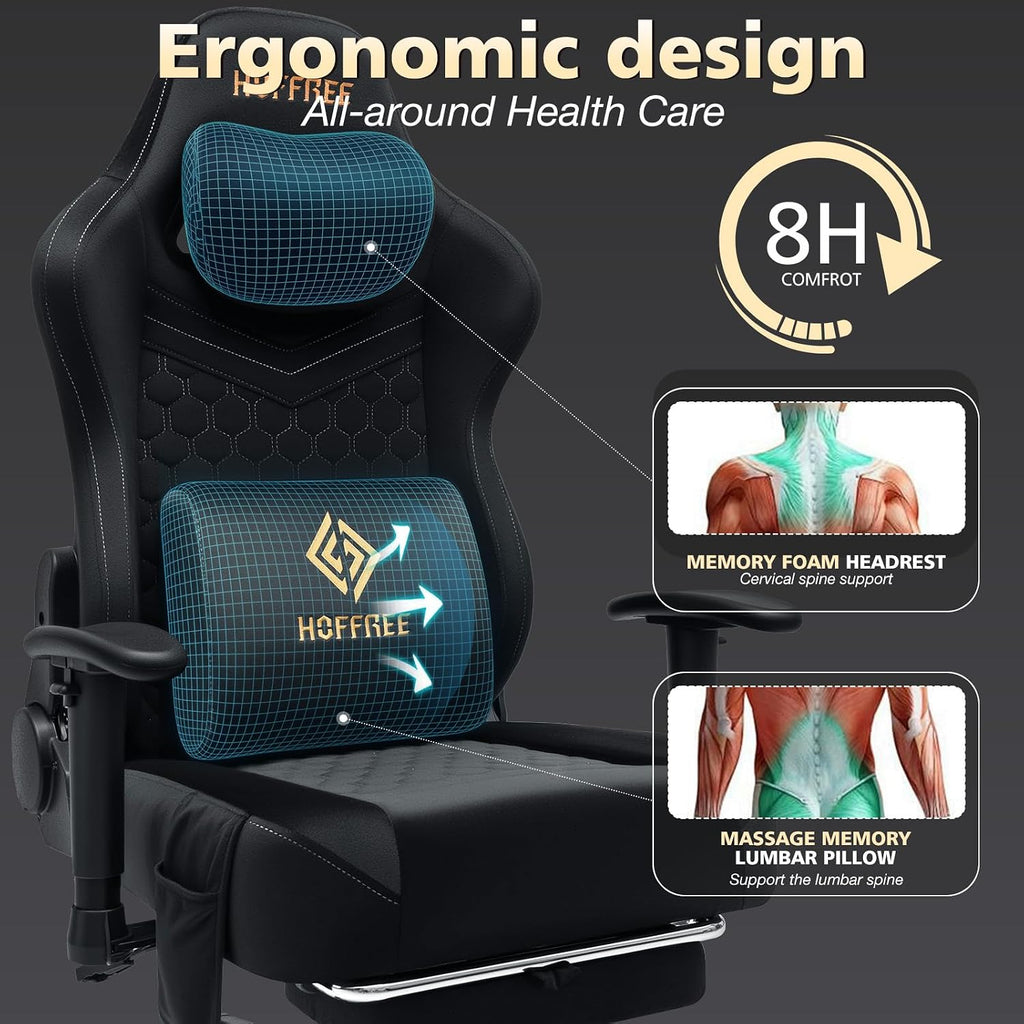 HOFFREE Gaming Chair with Speakers Bluetooth Massage Gaming Chairs for Adults Suede Fabric 165° Reclining Ergonomic Computer Chairs with Footrest Pocket Spring Cushion High Back Gamer Chair Black