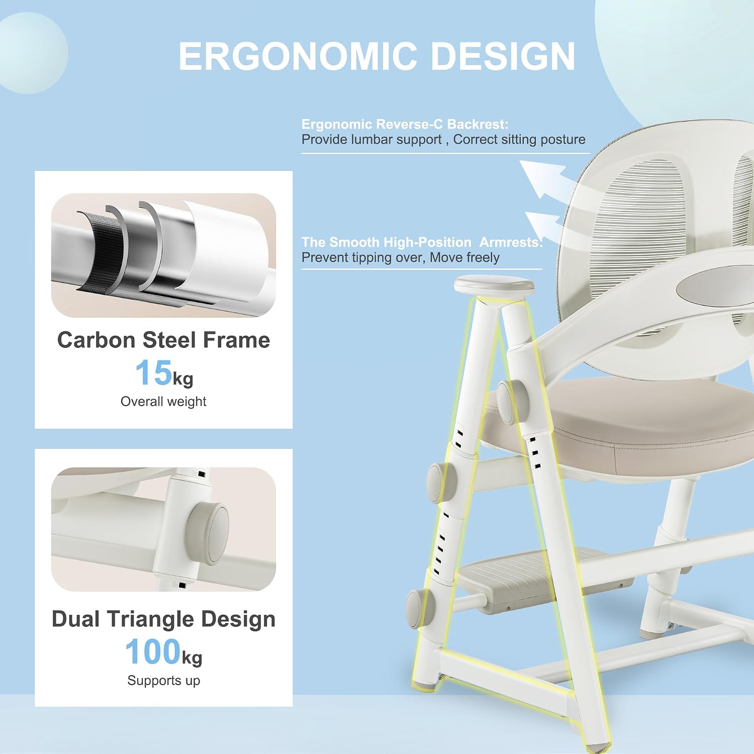 Ergonomic Kids' Study Chair, Height Adjustable Kids Desk Chair for Boys Girls,Comfortable for Teenagers Playing, Drawing, Ideal Gift for Children,Students（Grey）