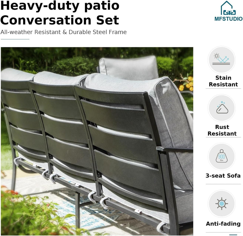MFSTUDIO 4 Pieces Patio Conversation Sets, All Weather Metal Frame Outdoor Furniture Set Patio Sofas with 1 x 45 Rectangular Propane Fire Table, 1 x 3-Seat Sofa, 2 x Swivel Chairs, Grey Cushion
