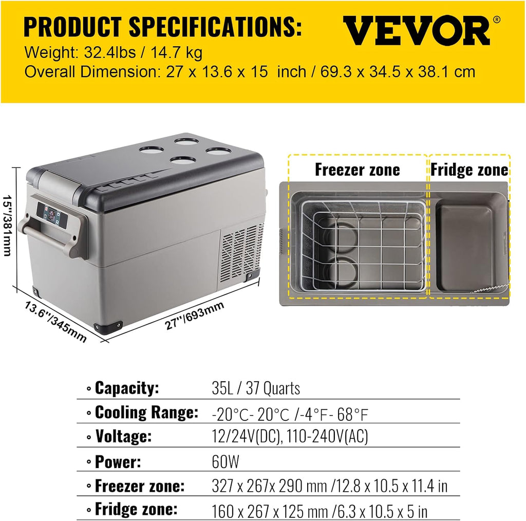 VEVOR Portable Refrigerator 37 Quart(35 Liter),Travel,Car Refrigerator Dual Zone with 12/24v DC & 110-240v AC for Camping, Fishing,12 Volt Refrigerator App Control(-4℉~68℉), Outdoor or Home Use