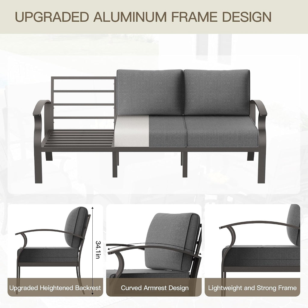 Aluminum Patio Furniture Set Patio Conversation Set,7 Seats Metal Modern Outdoor Furniture w/5.1' Cushions,Patio Sectional w/Swivel Chairs for Patio,Backyard,Grey
