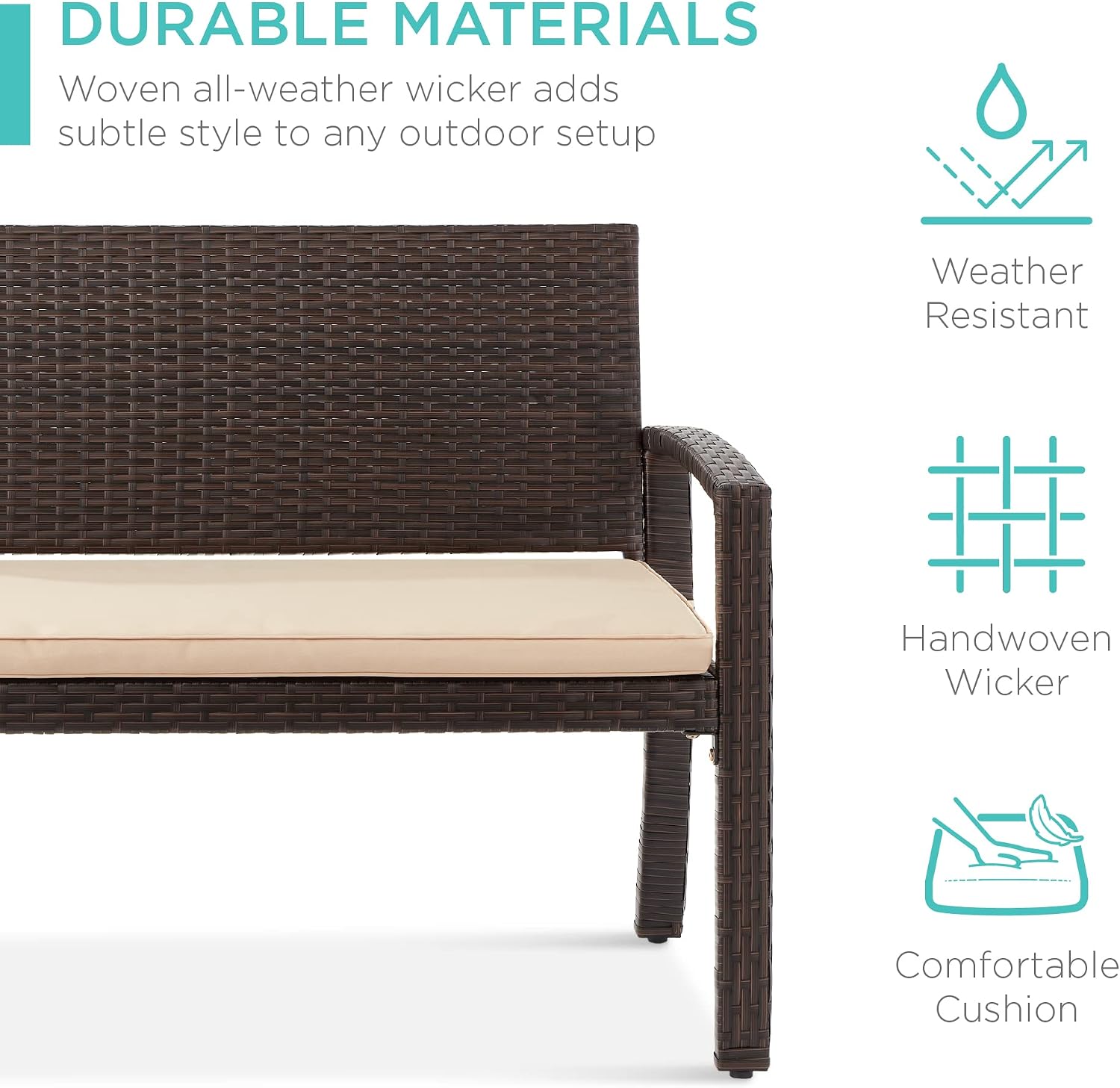 Best Choice Products Outdoor Bench 2-Person Wicker Garden Patio Benches Seating Furniture for Backyard, Porch w/Seat Cushion, 700lb Capacity - Brown/Tan