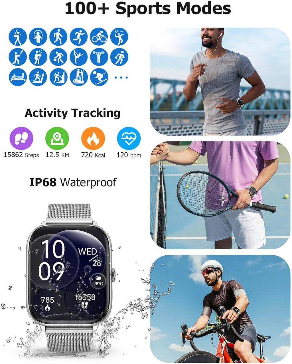 Silver Smart Watch for Men Women with Blood Pressure Monitor, 2.06' AMOLED Display, Metal IP68 Waterproof Fitness Tracker, 118 Sports, Heart Rate/SpO2/Sleep, Tech Gift, Android iPhone Compatible