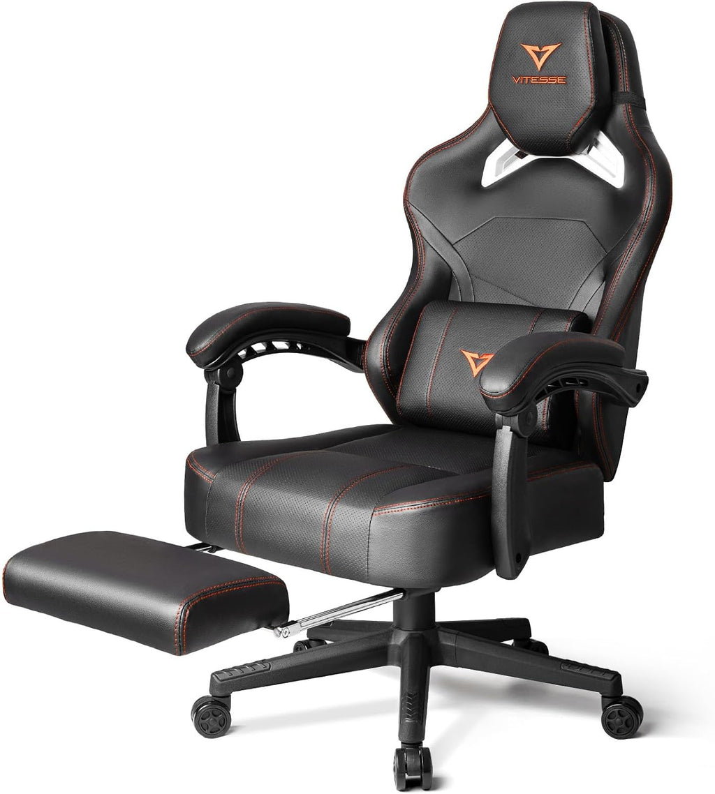 VITESSE Big and Tall Gaming Chair with Footrest,Ergonomic Video Gaming Chair with Oversized Headrest and Lumbar Support for Adults 400lb Weight Capacity,Computer Chair for Office or Gaming (Orange)