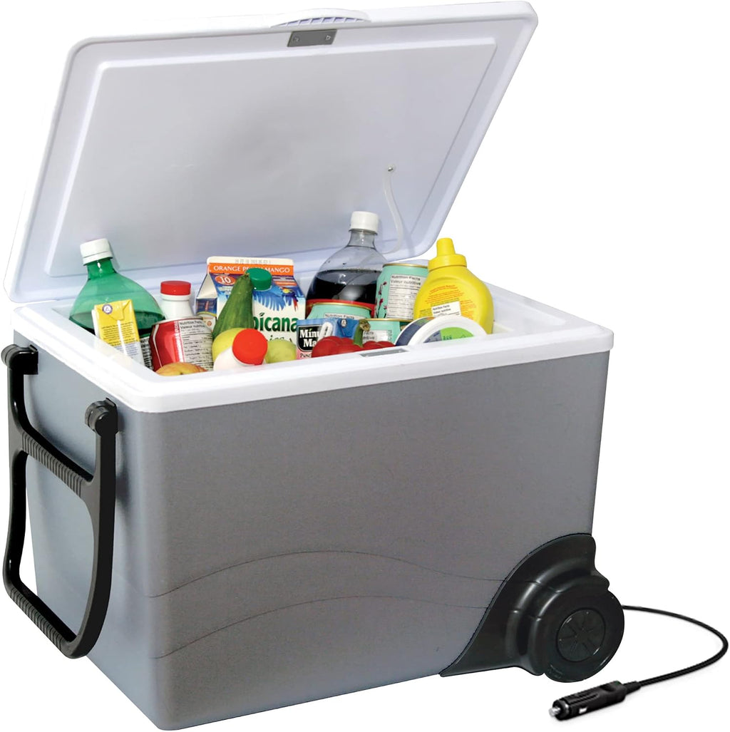Koolatron Thermoelectric Iceless 12V Cooler/Warmer 36 qt (34 L) w/Wheels, Portable Electric Rolling Car Fridge w/ 12 Volt DC Power Cord, Gray/White, Travel Road Trips Camping, Made in North America
