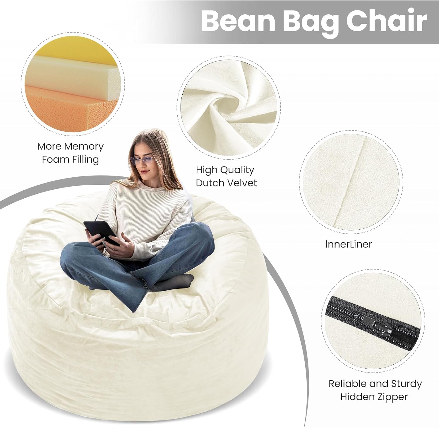 Memory Foam Bean Bag Chair, Oversized Sofa for Adults, Teens & Kids, Removable Velvet Cover, Ultra Comfortable for Gaming, Bedroom, Living Room, or Dorm(Beige, 4ft w/Footstool)