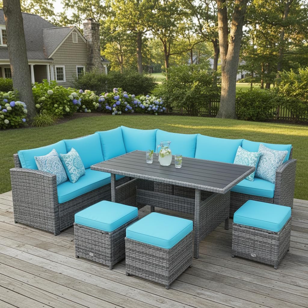 Tangkula 7 Pieces Patio Furniture Set, Outdoor Sectional Rattan Dining Sofa Set with Cushions, All Weather Wicker Conversation Couch Set with Dining Table & Ottomans for Yard Garden Poolside