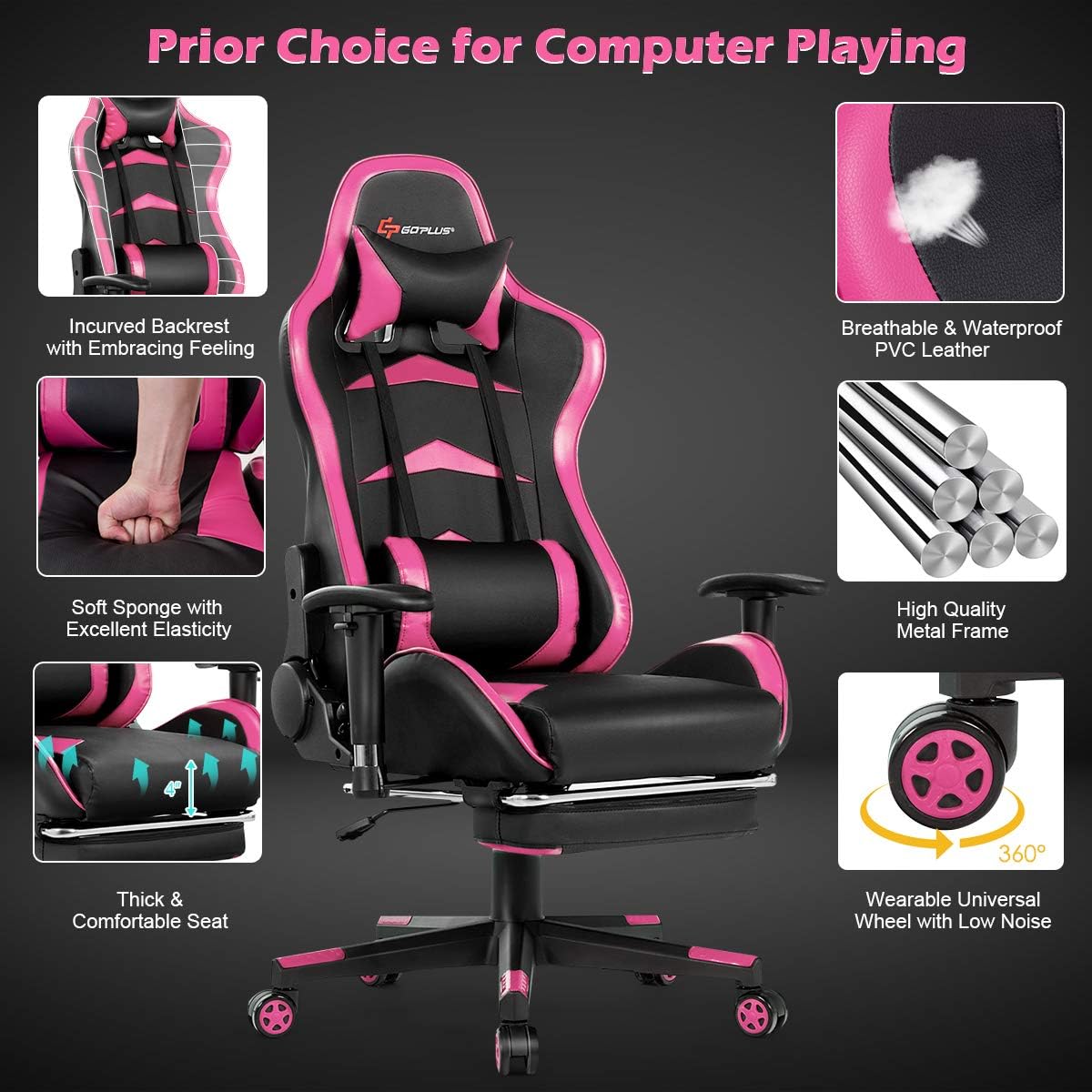 Goplus Massage Gaming Chair, Reclining Backrest, Handrails and Seat Height Adjustment Racing Computer Office Chair, High Back Ergonomic PU Leather Swivel PC Game Chair with Footrest