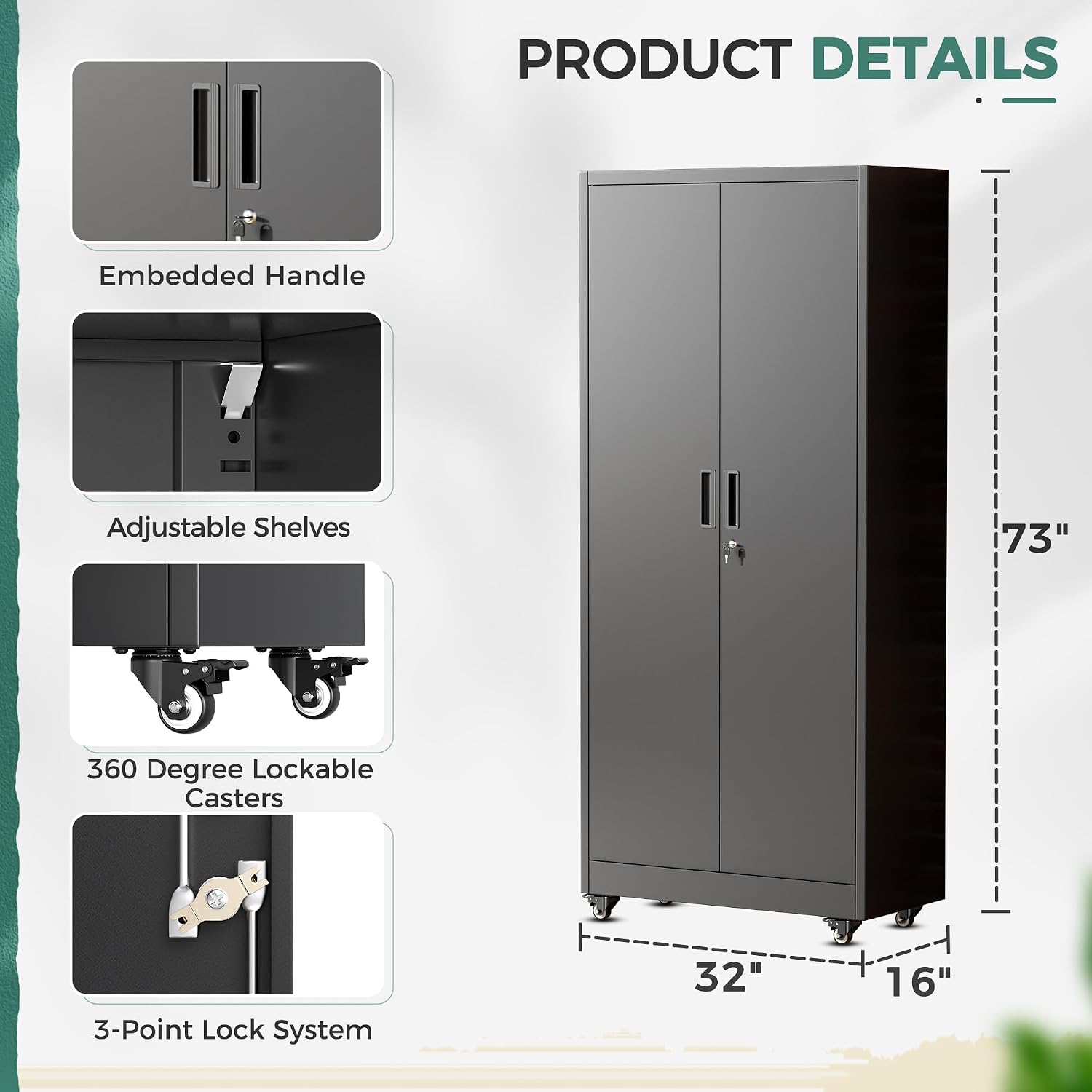 Greenvelly Metal Garage Storage Cabinet with Wheels, Black 73' Rolling Metal Cabinet with Locking Doors and Adjustable Shelves, Tool Organization with Wheels for Home,Kitchen,Office