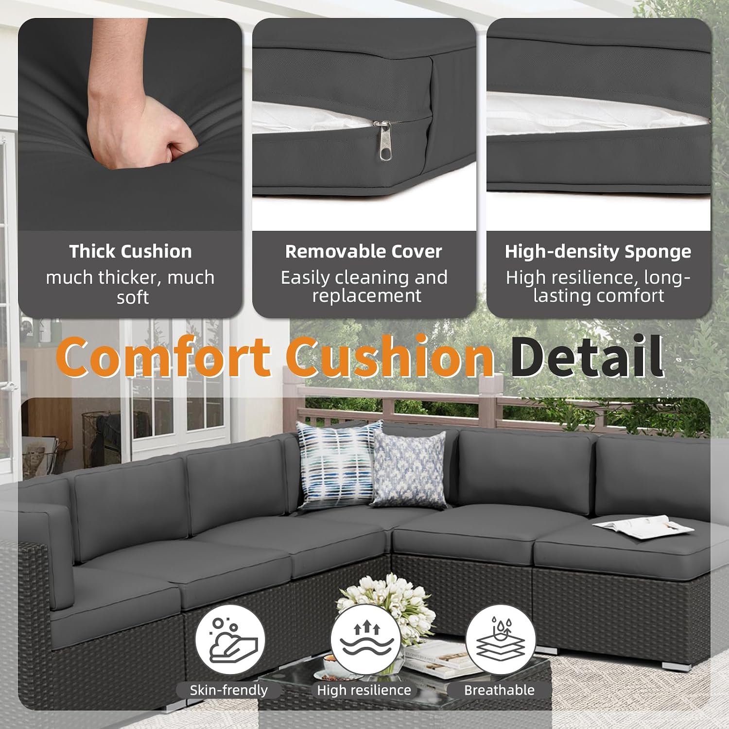 Oakcloud 7-Piece Outdoor Black Rattan Wicker Sectional Conversation Sets Patio Furniture Sofa Set with Cushions and Glass Top Table(Grey)