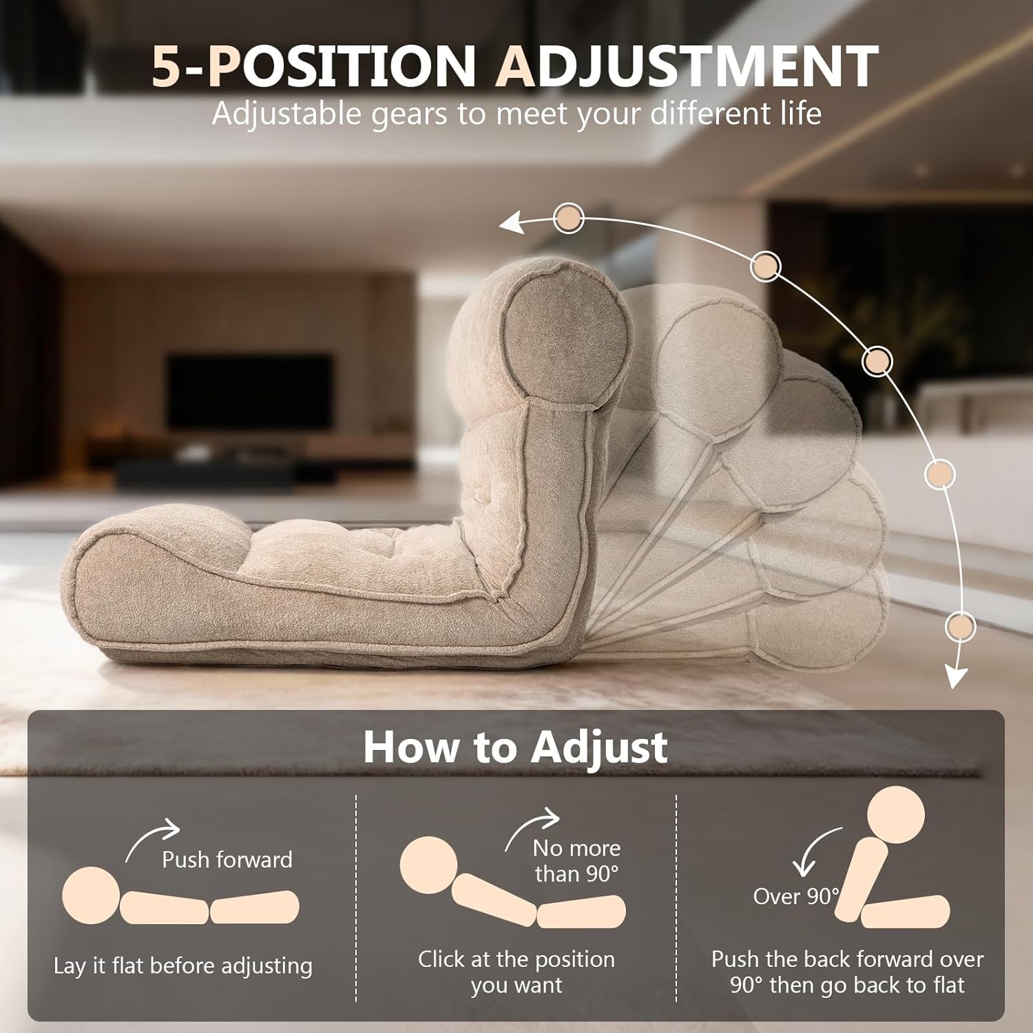 Dineli 83'' Floor Chair with Back Support Meditation Chair Couch Recliner w Adjustable Backrest Lazy Floor Lounger Gaming Chair for Adults Sofa Bed Sleeper Chair Chaise Lounge Chair Indoor, Camel