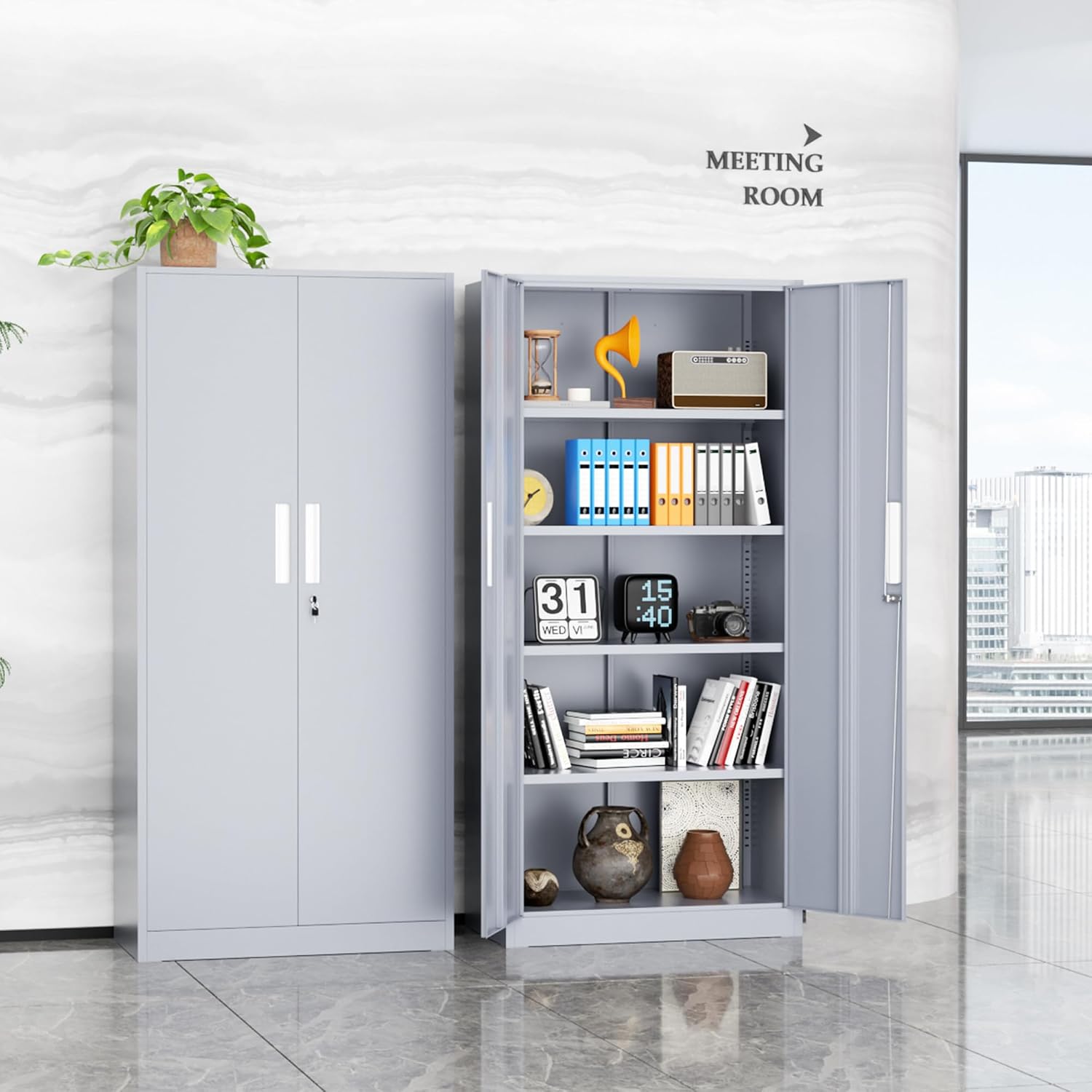 INTERGREAT Metal Storage Cabinet, 72' Locking Steel Cabinets with 2 Door and 4 Adjustable Shelves, Tall Metal Cabinet for Home Office, Garage, Warehouse,(Cement)