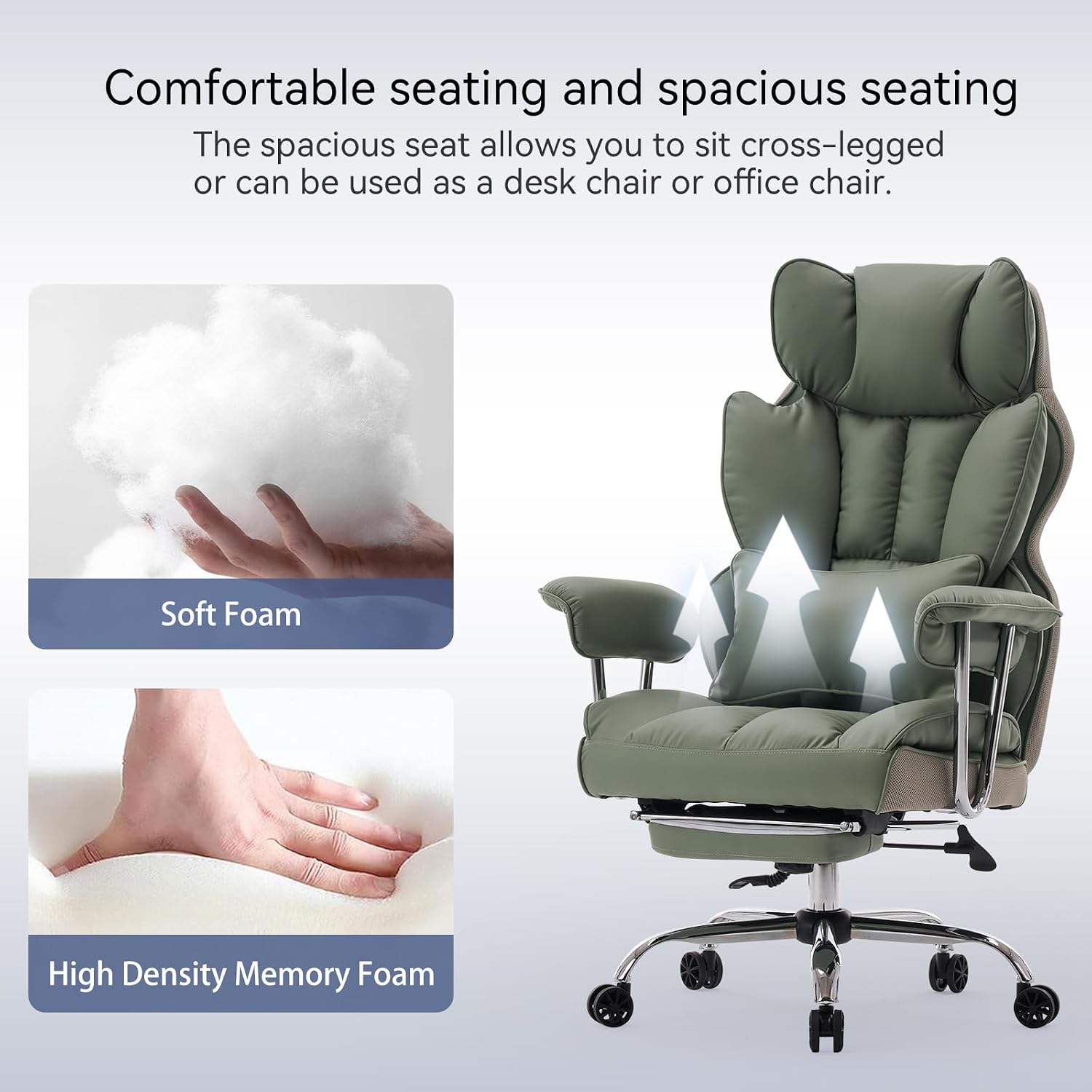 Efomao Executive Office Chair for Heavy People, High Back Computer Chair with Foot Rest, Height Adjustable PU Leather Office Chair,Big and Tall Office Chair (Green)