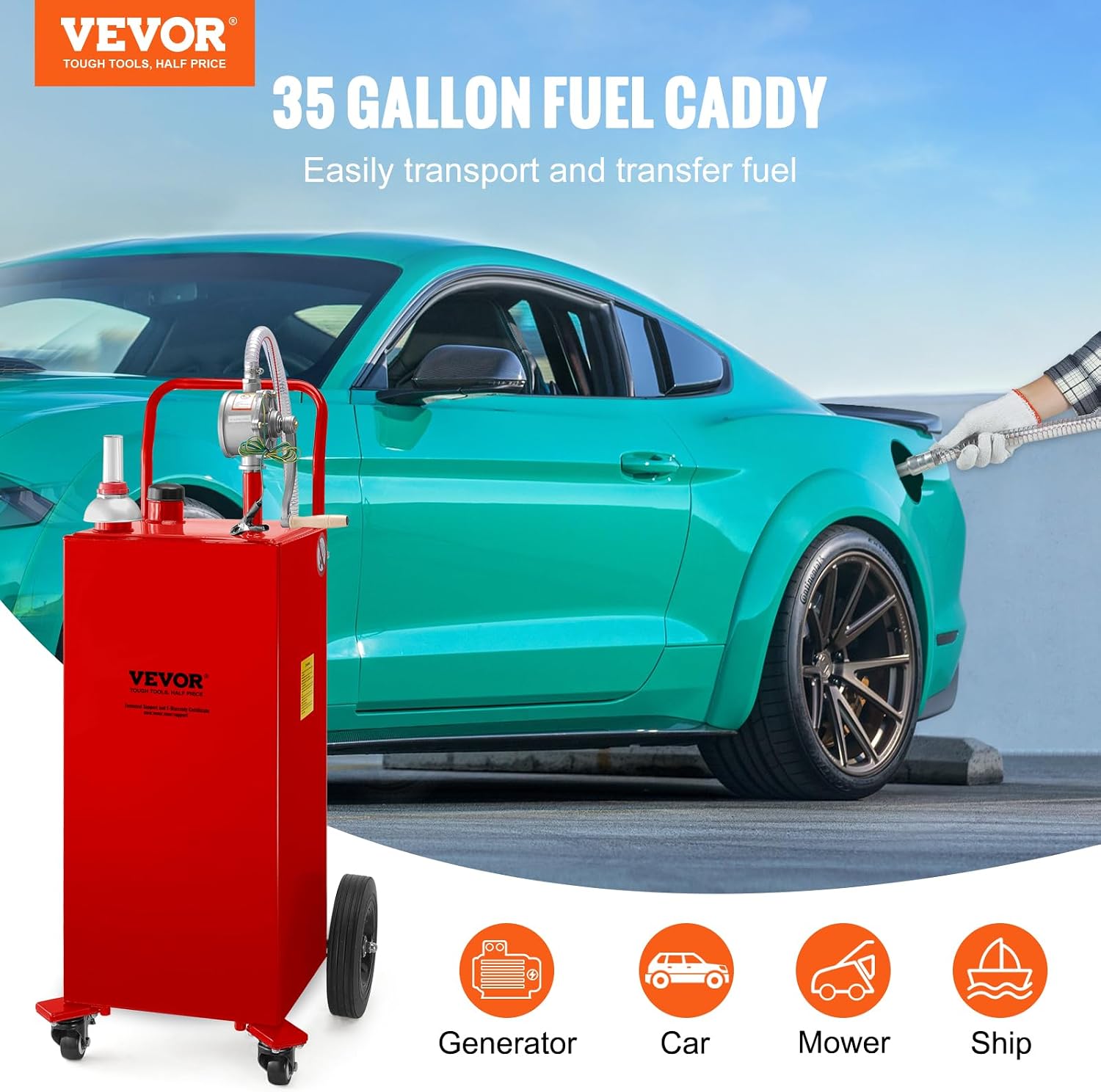 VEVOR Fuel Caddy 35 Gallon, Gas Storage Tank on 4 Wheels, with Manual Transfer Pump, Gasoline Diesel Fuel Container for Cars, Lawn Mowers, ATVs, Boats & More, Red