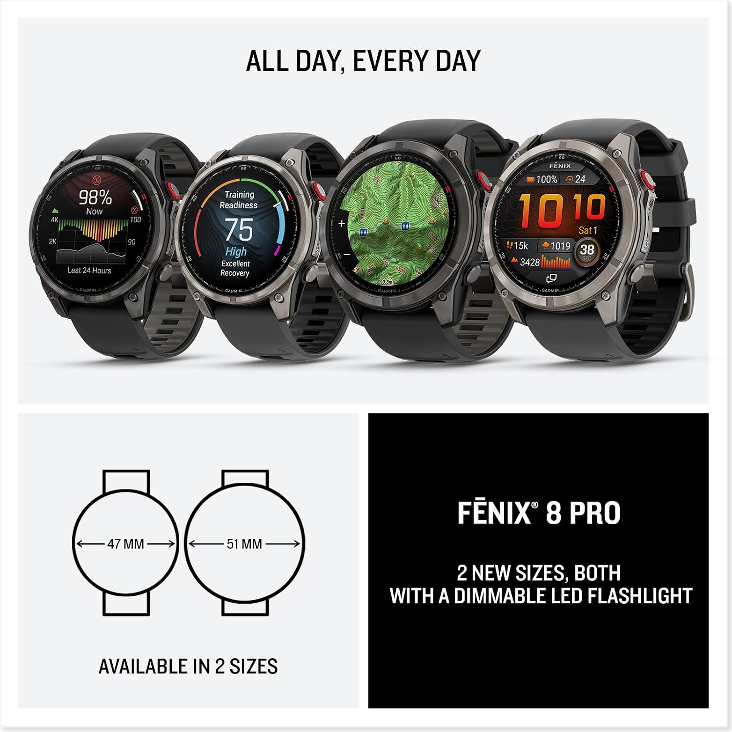 Garmin Fenix 8 Pro 47mm, AMOLED Display, inReach Technology, Premium Connected Multisport GPS Smartwatch, Sapphire, Titanium with Graphite/Black Silicone Band Bundle with Accessories
