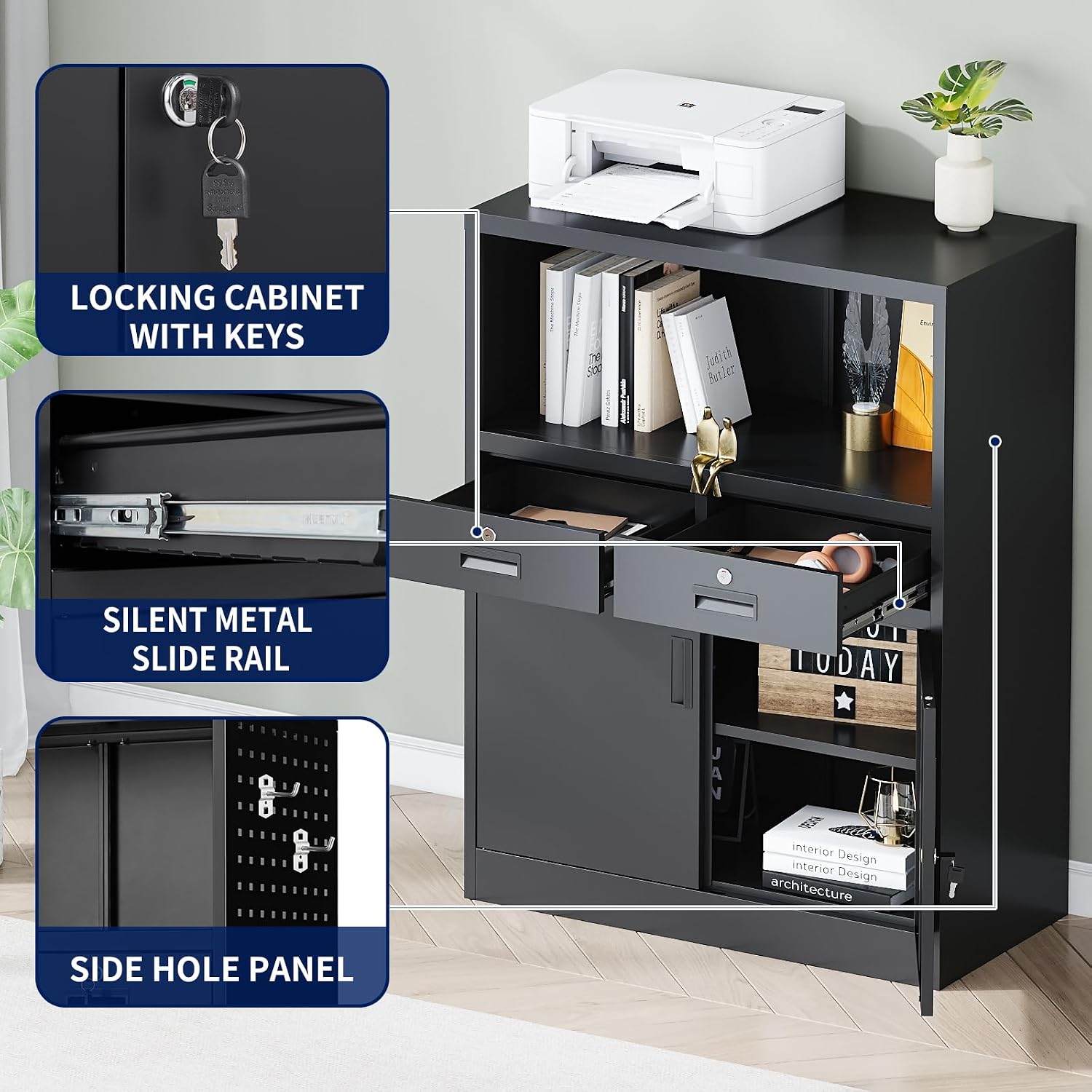 Yizosh Metal Storage Cabinet with 2 Drawers and Locking Doors,- 41.3' Steel Lockable Storage Cabinet with Shelves for Home Office,Garage,School (Black)