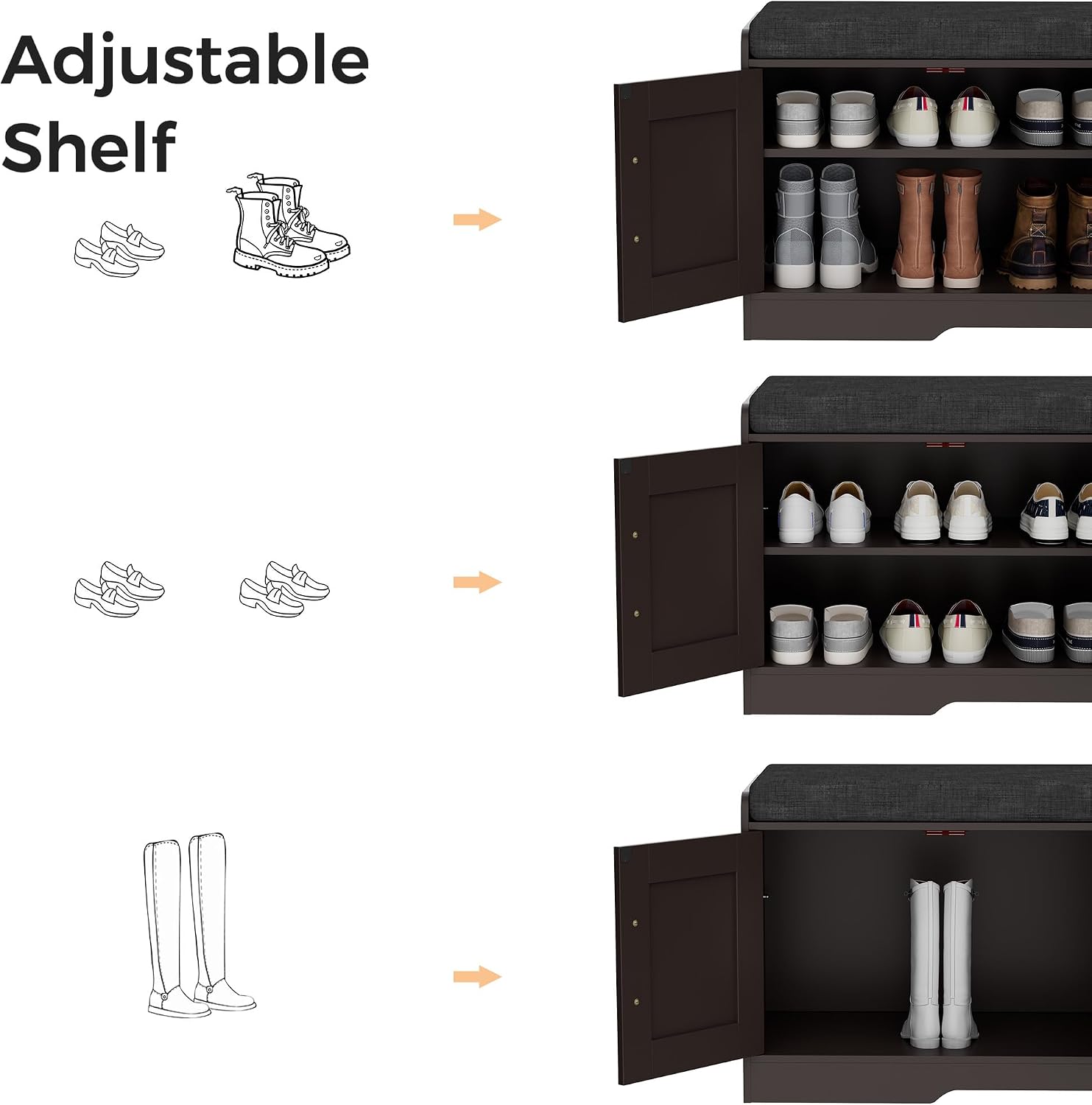 Homleke 2-Tier Storage Bench, Shoe Bench with Thickened Padded Seat Cushion, Entryway Bench with 4 Doors, Adjustable Shelf, 13.8' D x 45.3' W x 18.5' H, for Entryway, Living Room, Bedroom, Brown