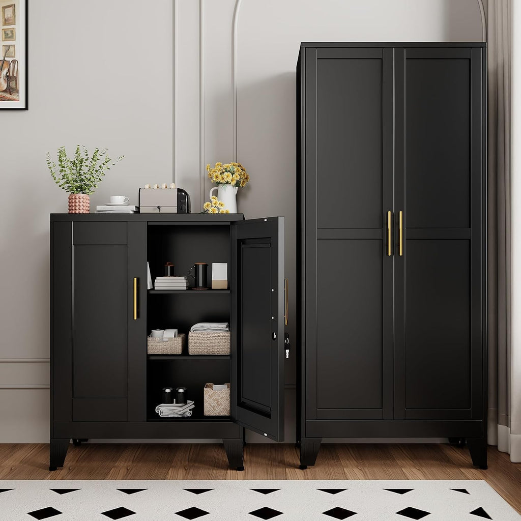 Black Metal Storage Cabinet, 36' Tall Locking Storage Cabinet with 2 Adjustable Shelves, Steel Locker Organizer, for Office, Home, School, 2PS