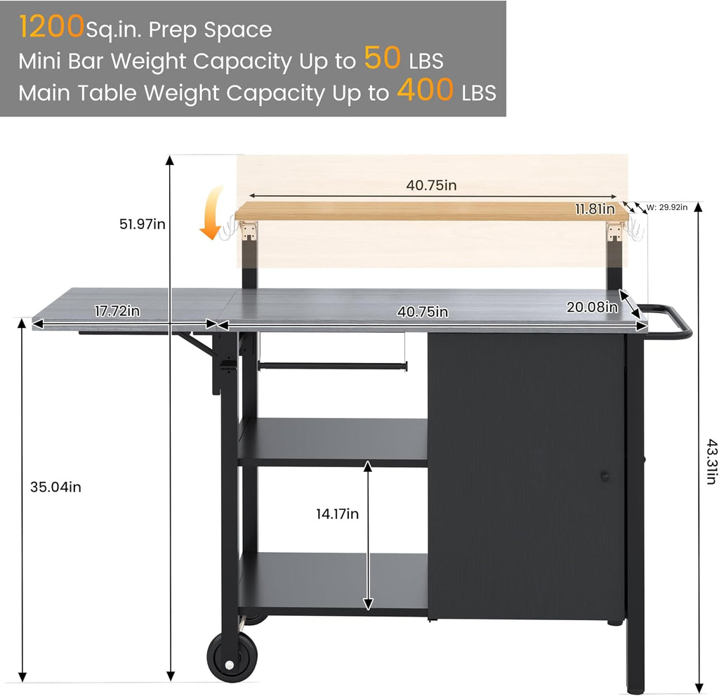Sundale Outdoor Girll Cart with Stainless Steel Top & Storage Cabinet, Movable Multi Layer Food Pre Table with Side Shelf for Pizza Oven, BBQ, Outdoor Kitchen Island for Parties
