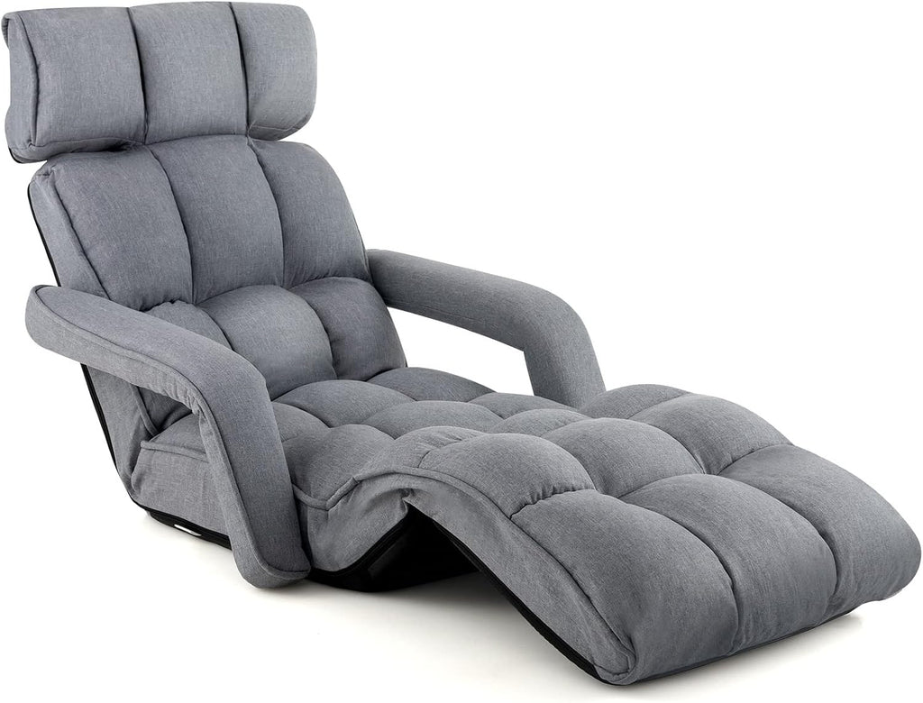 Giantex Foldable Lazy Sofa Bed, 6-Position Adjustable Floor Chair Chaise Lounge with Armrest and Footrest, Padded Gaming Recliner for Reading Living Room Bedroom Indoor (Gray)