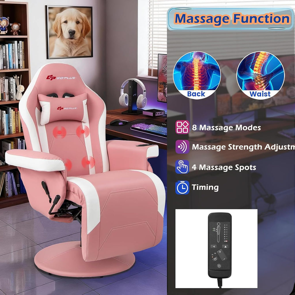 POWERSTONE Gaming Recliner, Adjustable Massage Gaming Chair with Cup Holder Footrest Ergonomic Single Sofa Living Room Home Theater Seating with Side Pouch (Pink)