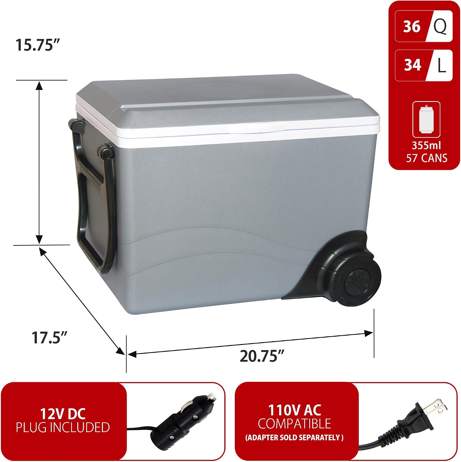 Koolatron Thermoelectric Iceless 12V Cooler/Warmer 36 qt (34 L) w/Wheels, Portable Electric Rolling Car Fridge w/ 12 Volt DC Power Cord, Gray/White, Travel Road Trips Camping, Made in North America