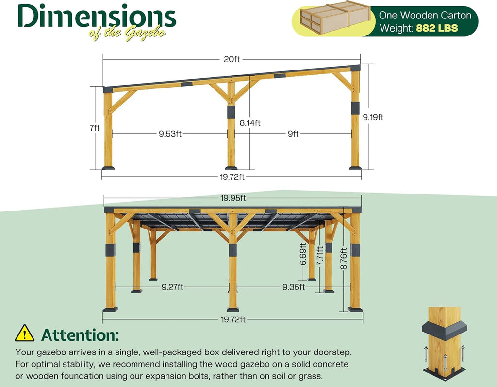 Jocisland 20' x 20' Cedar Wood Gazebo with Sloped Galvanized Steel Roof, Hardtop Gazebo Pavilion with Durable, Rot-Resistant Construction, Permanent Outdoor Pergola for Backyard, Garden & Deck