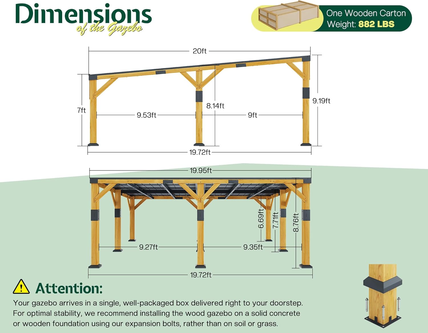 Jocisland 20' x 20' Cedar Wood Gazebo with Sloped Galvanized Steel Roof, Hardtop Gazebo Pavilion with Durable, Rot-Resistant Construction, Permanent Outdoor Pergola for Backyard, Garden & Deck