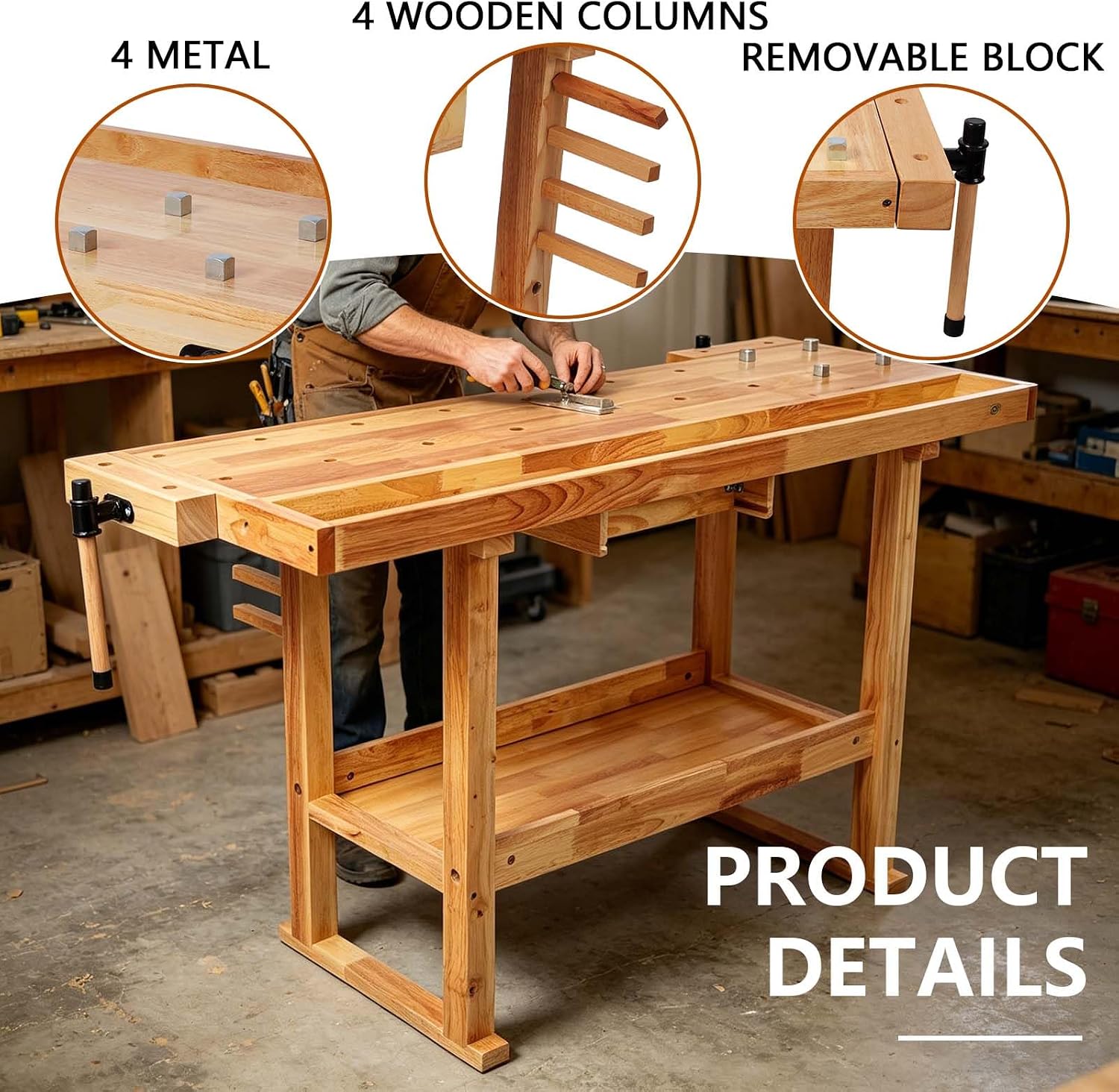 55' Rubber Wood Workbench, Heavy Duty Work Bench with Drawer & Shelf, Work Bench Table for Garage, Workshop, Home Storage, Woodworking Bench, 330 lbs Weight Capacity (55')