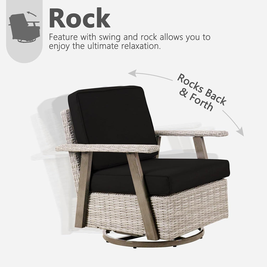 2 PCS Outdoor Patio Furniture Set, Oversized Swivel Patio Chairs Set of 2, Outdoor Swivel Rocking Glider Chairs Set, Brown/Taupe PE Wicker Rocking Chair with Black Cushion for Porch Garden