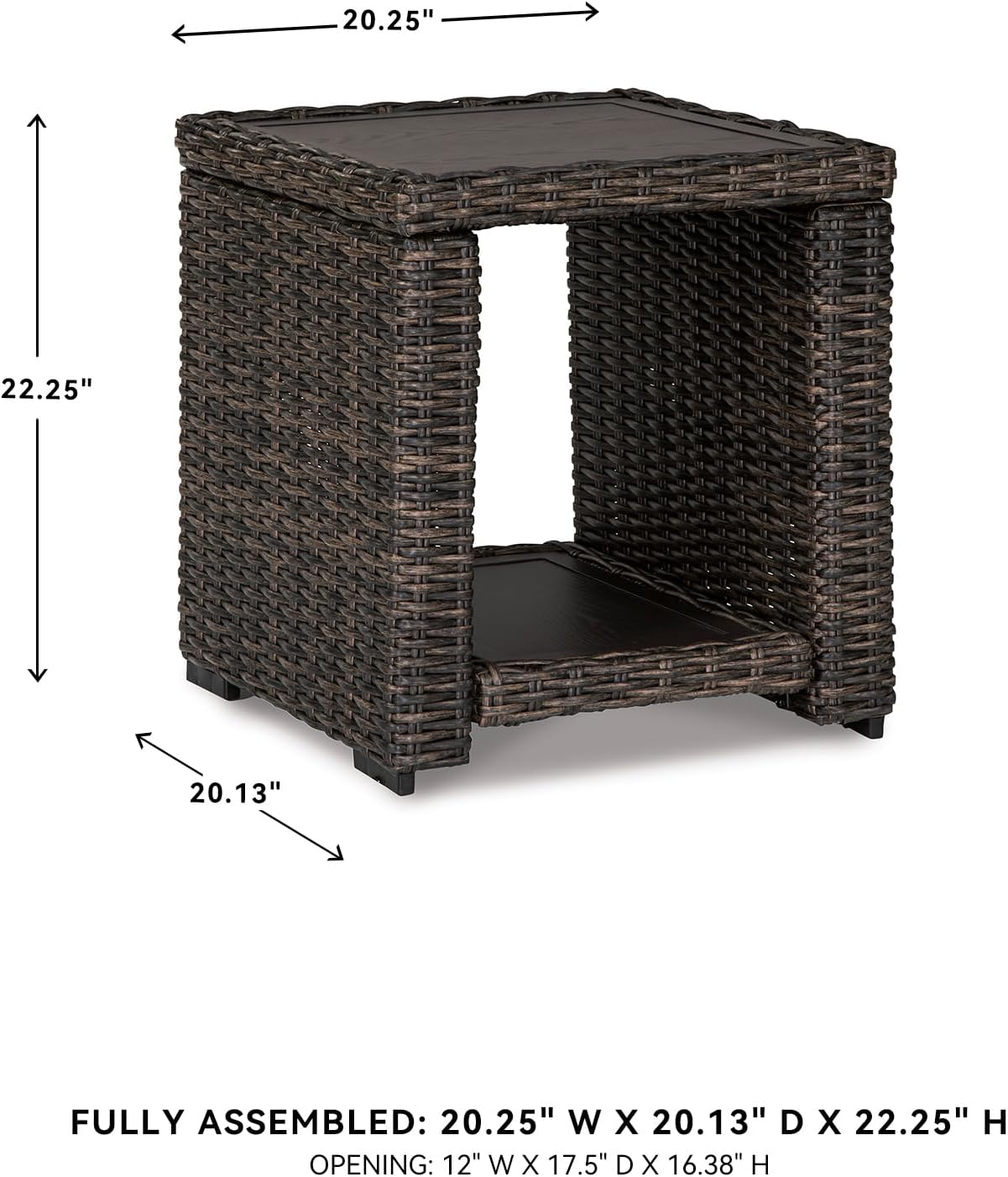 Signature Design by Ashley Grasson Lane Outdoor Rattan Square End Table with Storage, All-Weather Resin Wicker Handwoven Over Durable Aluminum Frame, Aluminum Tabletop and Shelf, 22.25' High, Brown